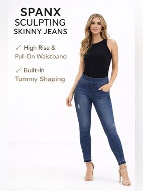 SPANX Distressed Skinny Jeans High Rise Pull-On Medium Wash Size L